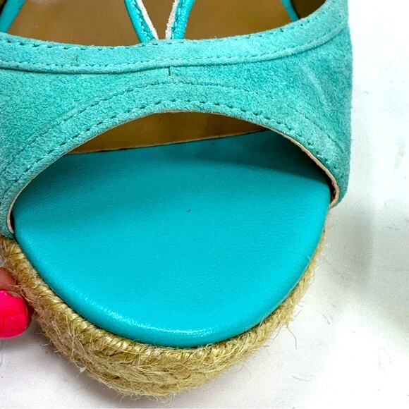 Trina Turk Sueded Leather Lace up Ankle Wrap Wedge Sandals - AQUAMARINE - Picture 9 of 13